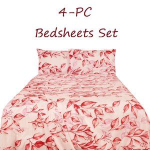 Printed Bed Sheets Set 4-pc Light Red Base with Red Leaves Full Queen King size